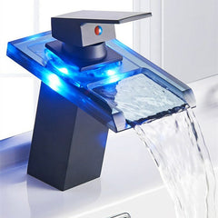 LED Light Bathroom Sink Faucet 3 Colors Changing Waterfall Glass Spout Single Handle Hole Cold and Hot Water Mixer Deck Mounted Tap