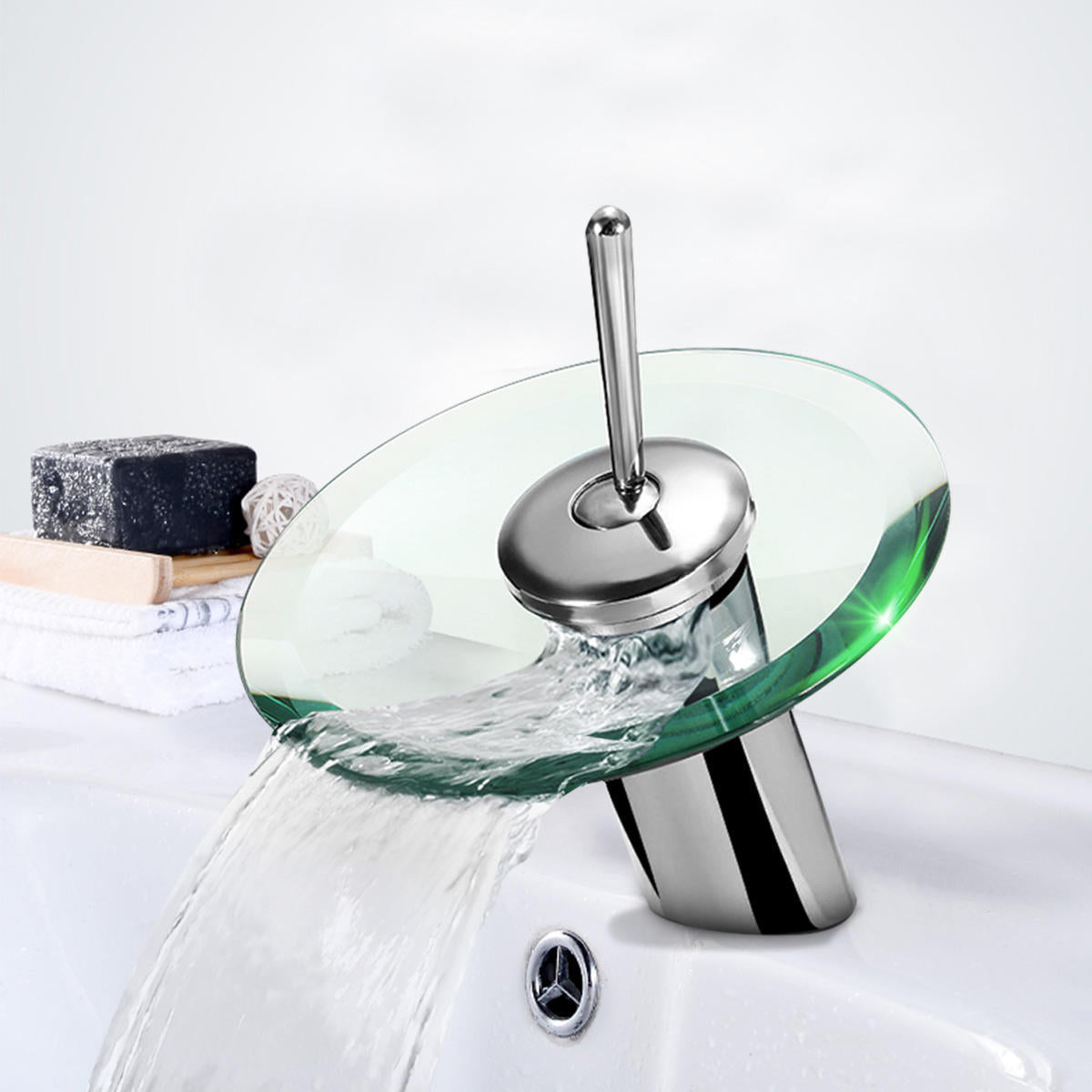 Modern Style Kitchen Bathroom Vessel Copper Glass Round Waterfall Tub Sink Faucet Tap