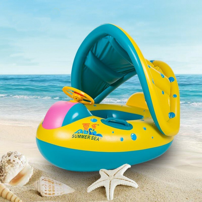 Baby Inflatable Swimming Float Ring PVC Lying Water Seat Boat Sunshade Pool Mattress with Canopy Kid Gift