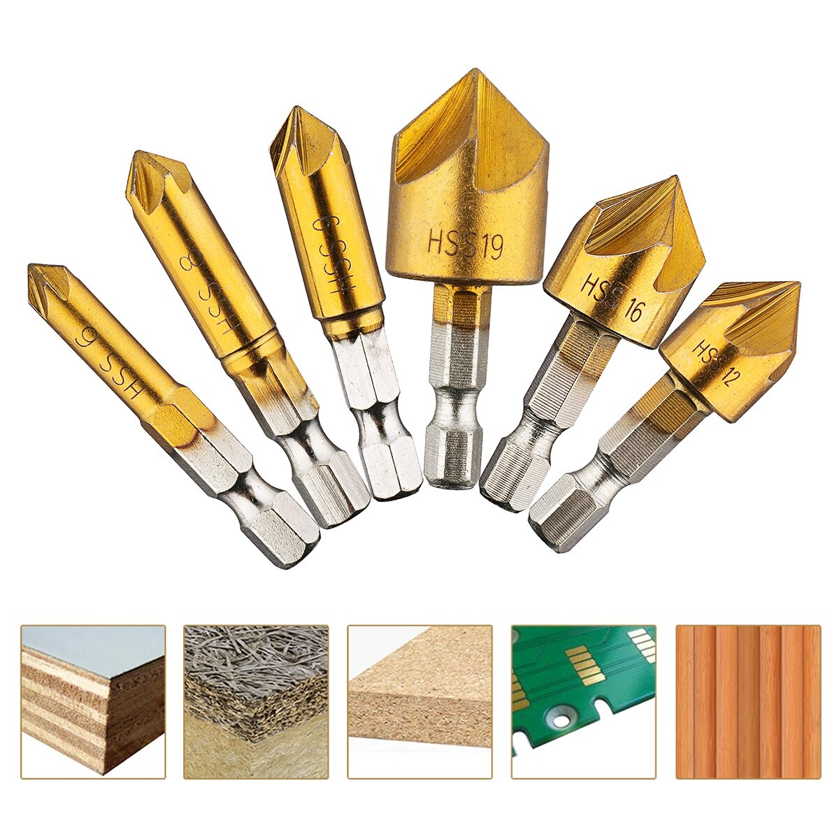 6Pcs 6-19mm Countersink Drill Bit 5 Flutes Hex Shank Titanium Coated Chamfer Cutter Set