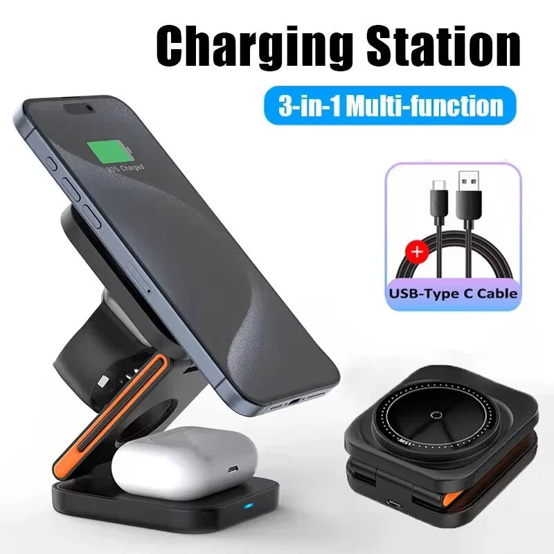 30W 3-in-1 Foldable Magnetic Wireless Charger for iPhone 15/14/13, AirPods, Apple Watch