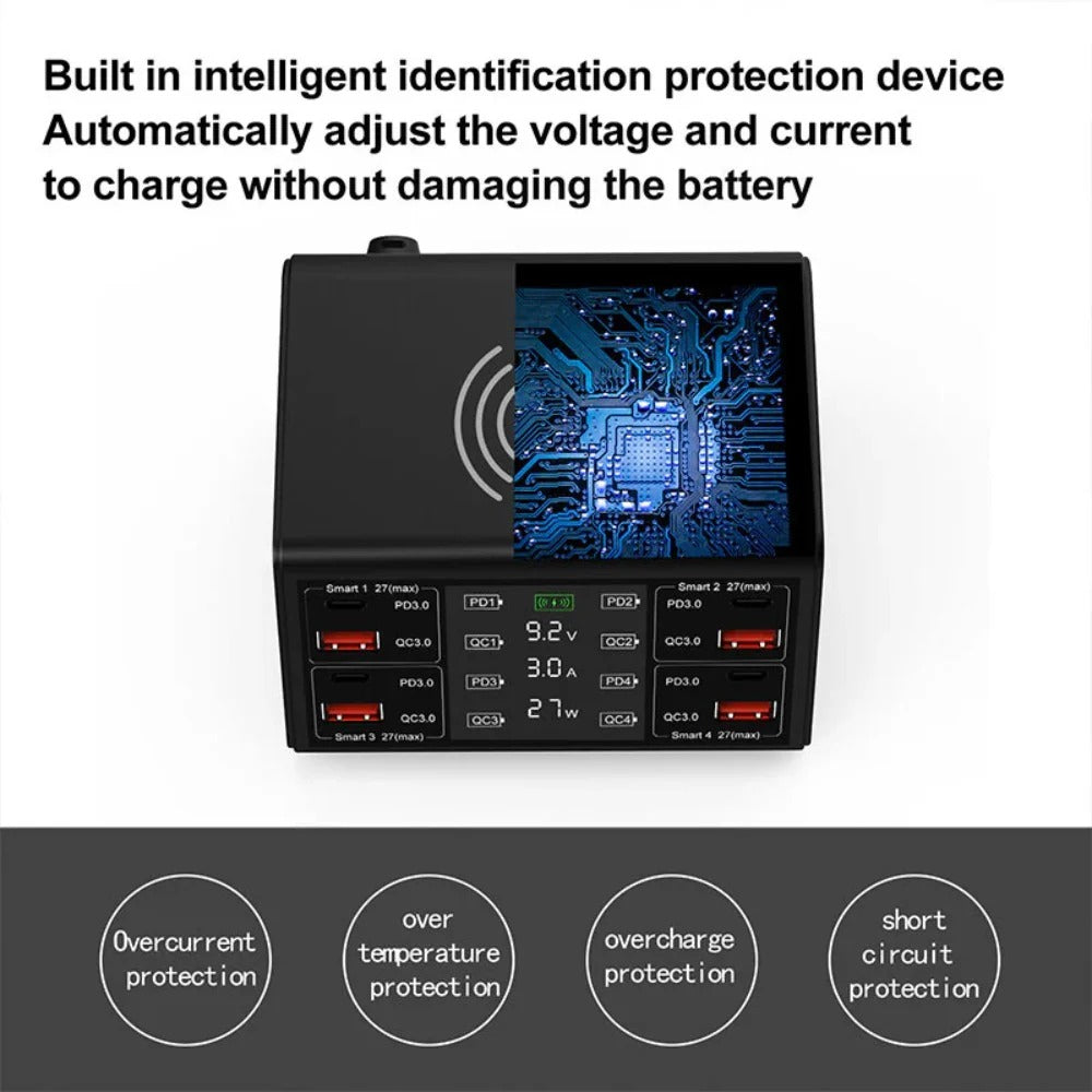 100W 8-Port USB PD Charger, Fast Charging Station with Wireless Pad for iPhone, Samsung, Oppo, Redmi