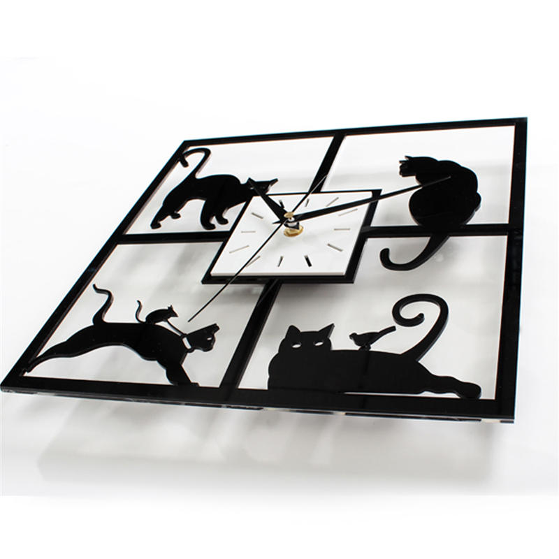 Four Cat Pattern Acrylic Wall Clock Black Quartz Bedroom Living Room