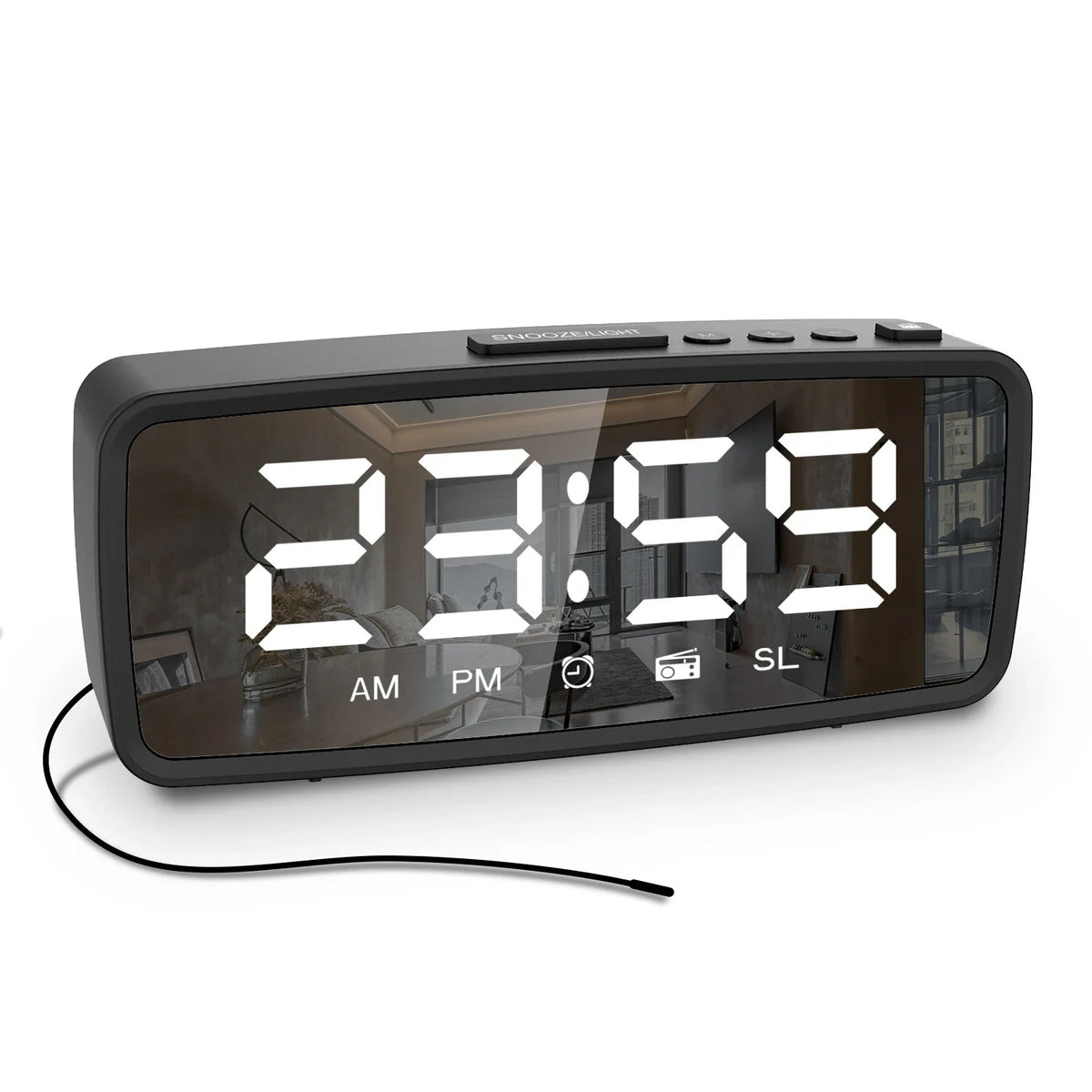 USB-Rechargeable LED Mirror Digital Alarm Clock with Snooze Mode