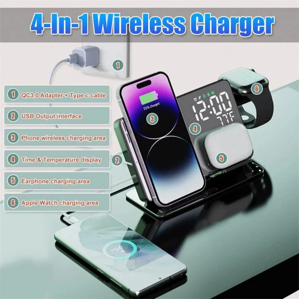 15W Fast Wireless Charger & Alarm Clock for iPhone, Hui, Samsung, AirPods, Watch