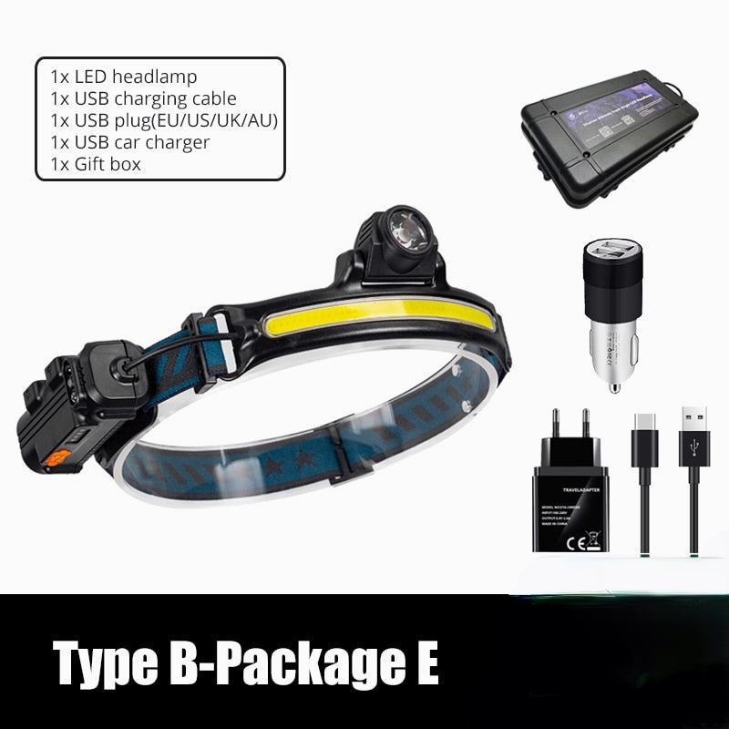 IR Sensor LED Headlamp Powerful XPG+COB Headlight 2000mAh 18650 USB Head Lamp Portable Floodlight Flashlight Waterproof Lantern