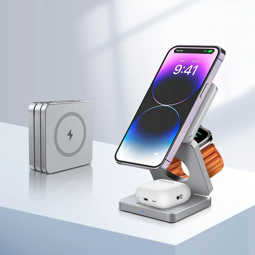 3-in-1 15W Foldable Magnetic Wireless Charger for iPhone, Apple Watch, AirPods - Fast Charging Station