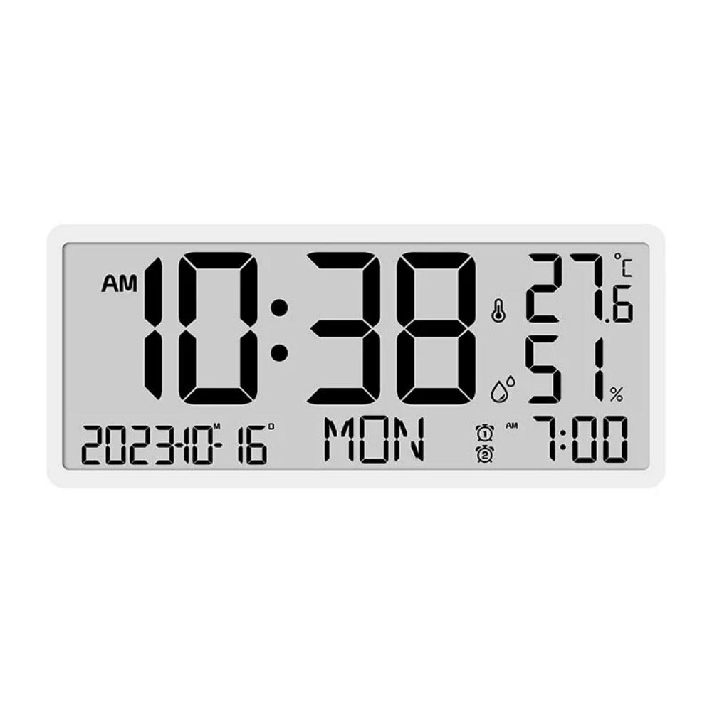 Large LCD Digital Wall Clock with Temperature and Humidity Display, Alarm, Desktop and Hanging Options for Home and Office