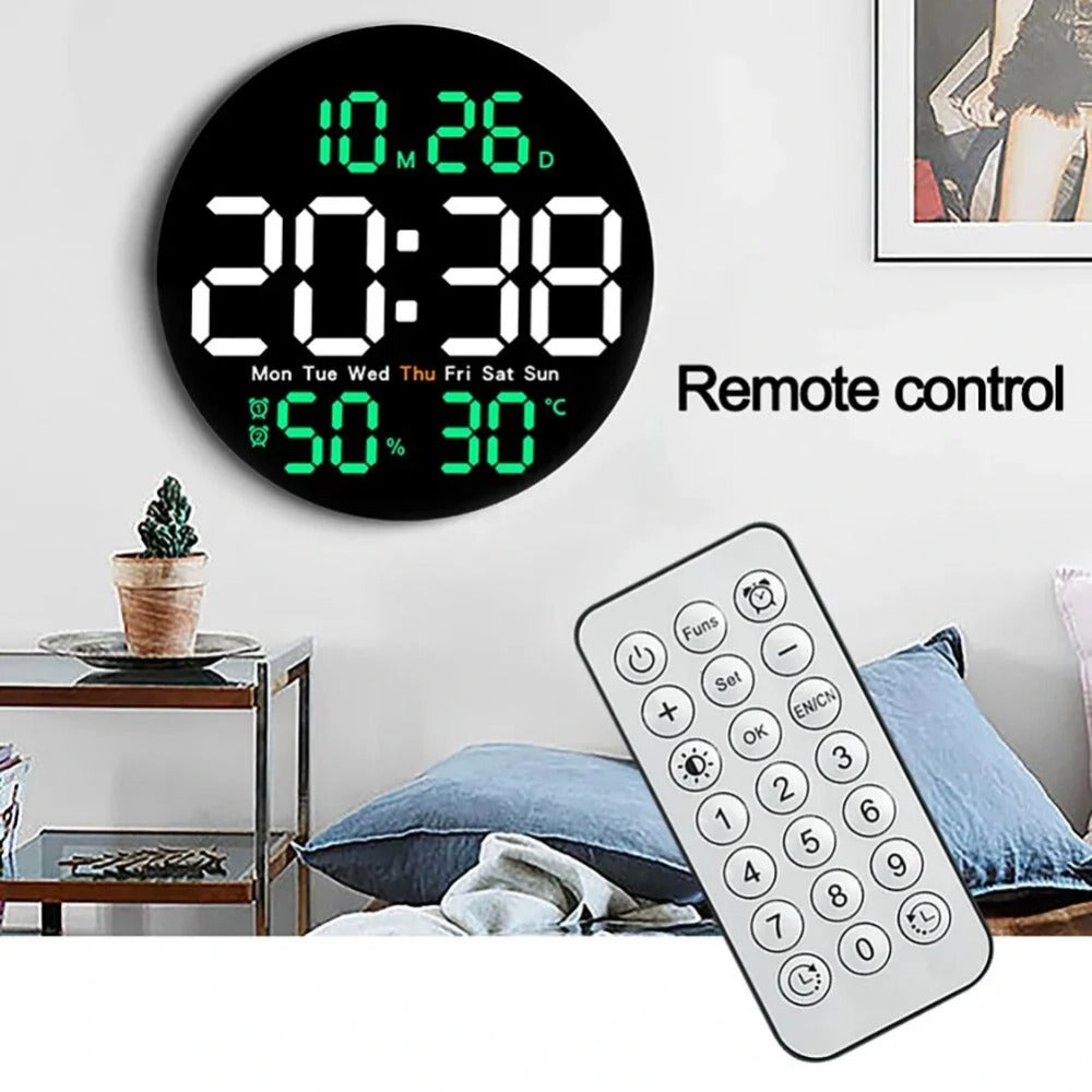 10-Inch LED Digital Wall Clock with Remote, Auto Dimming, Alarm, Temperature, Humidity, Date, Week Display for Home, Office