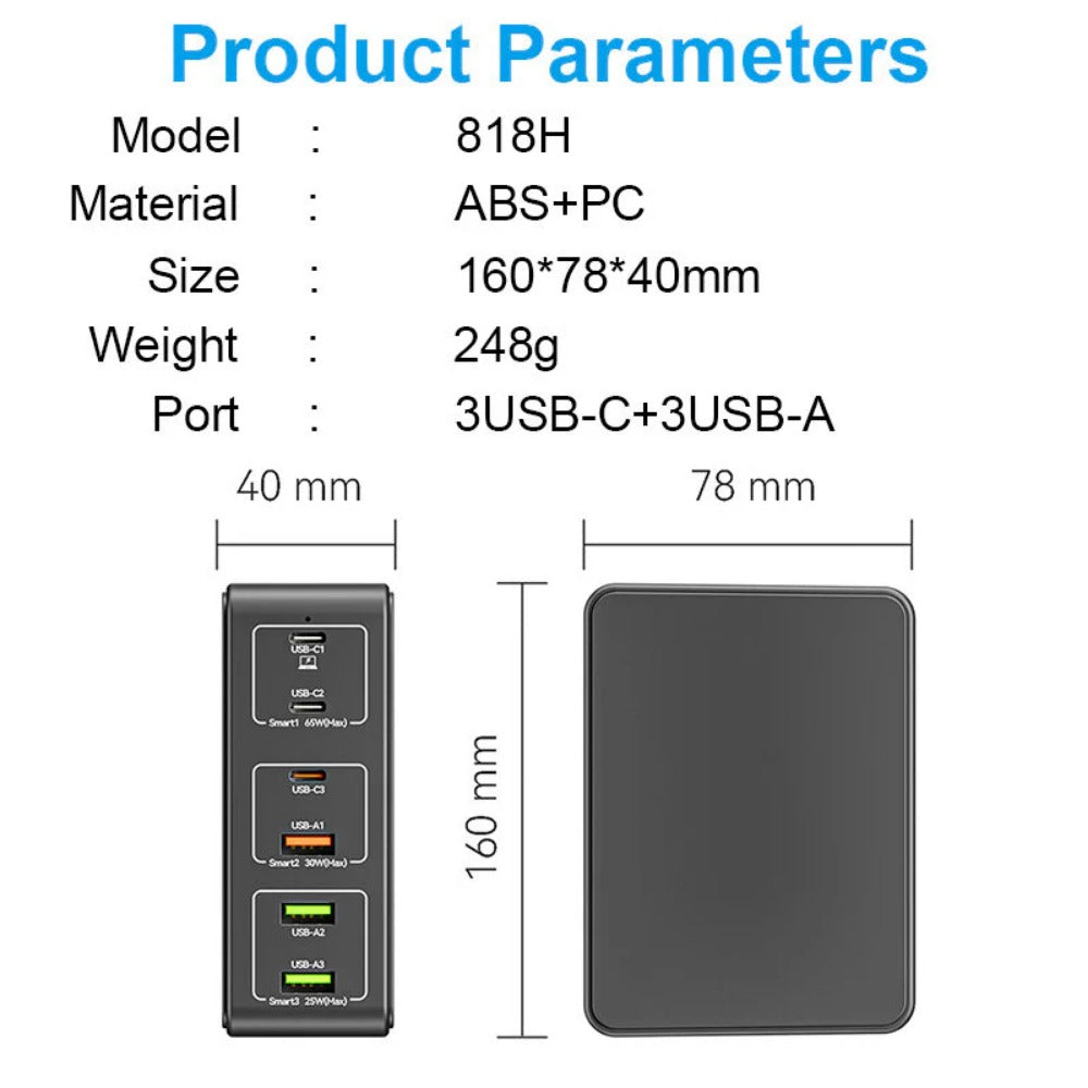 120W 6-Port USB PD Charger, Fast Charging Station for iPhone, Hui, Samsung, Xiaomi