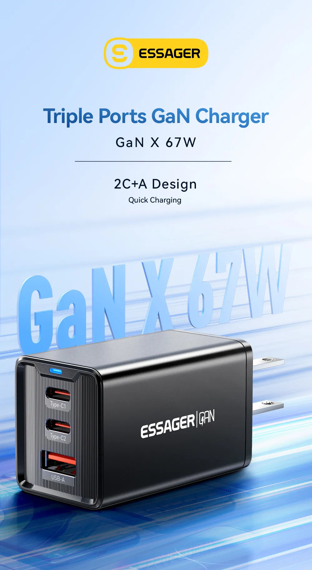 67W GaN 3-Port USB PD Charger: 2 USB-C + USB-A Fast Charging Adapter for iPhone, Hui, Samsung