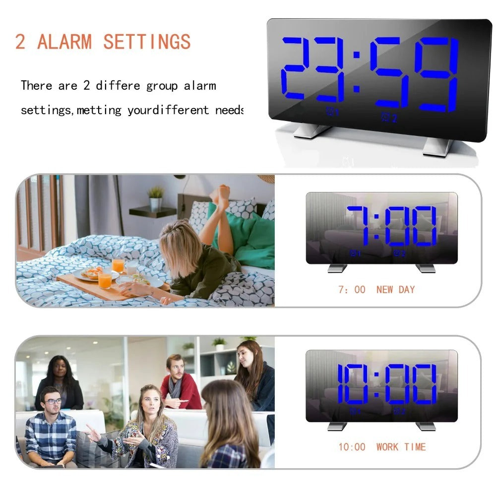 LED Digital Alarm Clock with Mirror, USB Charging, Adjustable Brightness, 10 Music Options, and Memory Function