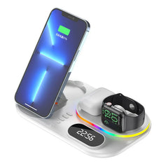 15W 4-in-1 Wireless Charger with Clock & RGB Lights for iPhone, Samsung, AirPods, Apple Watch