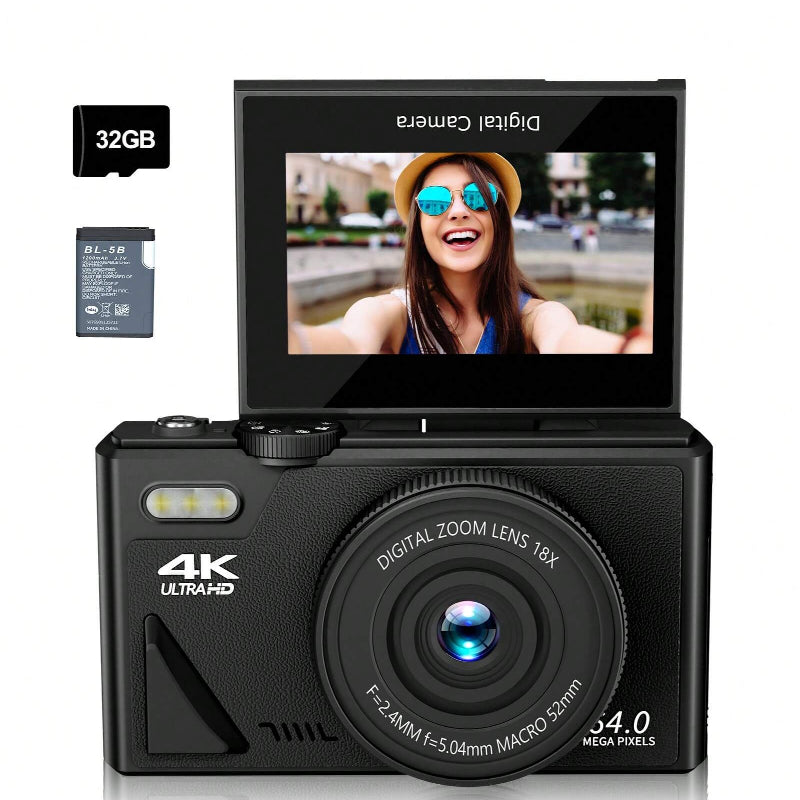 4K 64MP Vlogging Camera with 32G TF Card, 3" Flip Screen, 16X Zoom, Flash, Compact for Travel