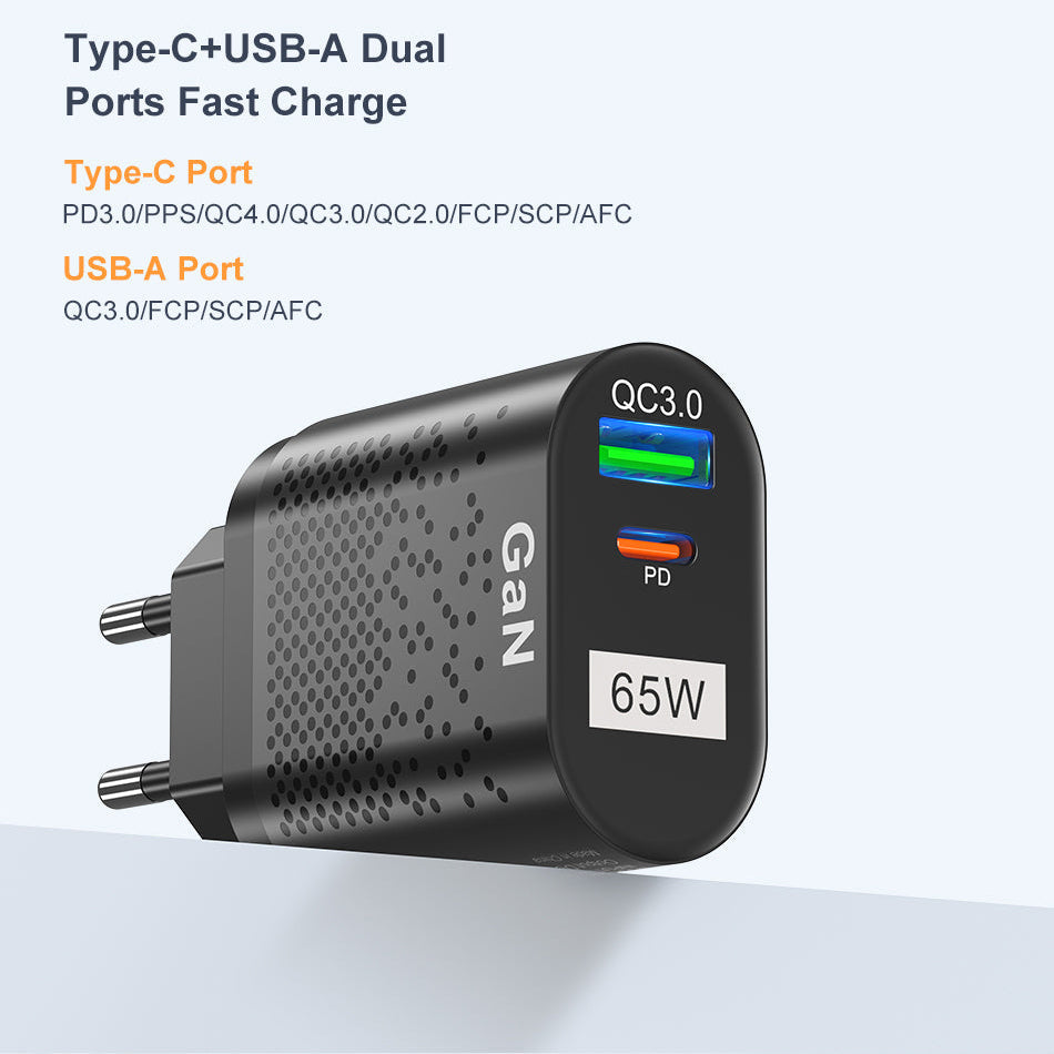 65W GaN Wall Charger, 33W USB-C PD PPS, 33W USB-A QC3.0 Fast Charging for iPhone, iPad, Samsung, MacBook Air