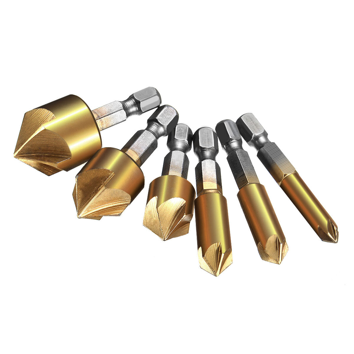 6Pcs 6-19mm Countersink Drill Bit 5 Flutes Hex Shank Titanium Coated Chamfer Cutter Set