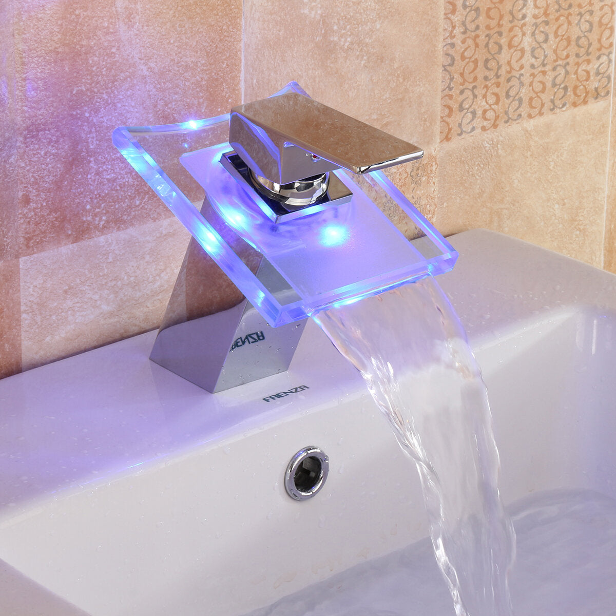 LED Color Changing Waterfall Faucet Bathroom Sink Glass Basin Bathtub Mixer Tap