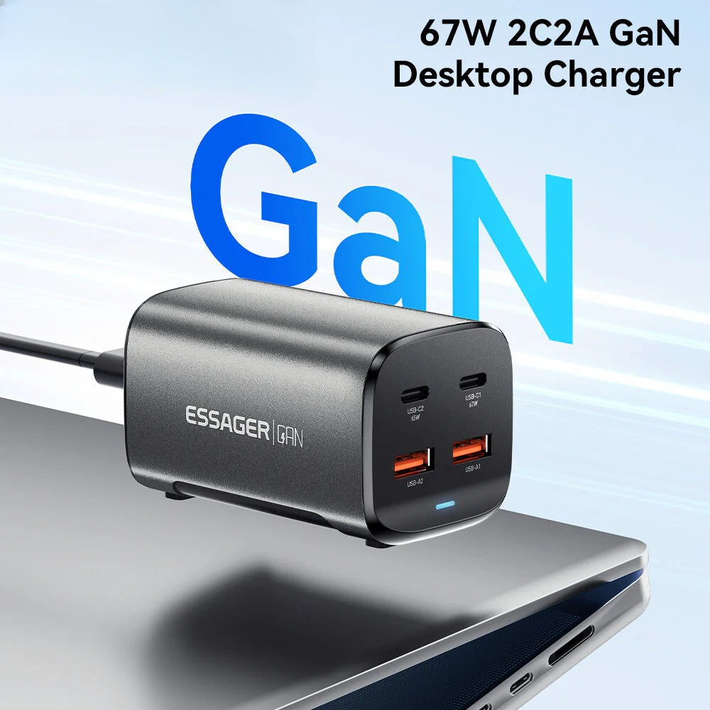 67W 4-Port GaN USB PD Charger: 2 USB-A + 2 USB-C, Fast Charging, EU/US Plug, 1M Cable