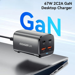 67W 4-Port GaN USB PD Charger: 2 USB-A + 2 USB-C, Fast Charging, EU/US Plug, 1M Cable