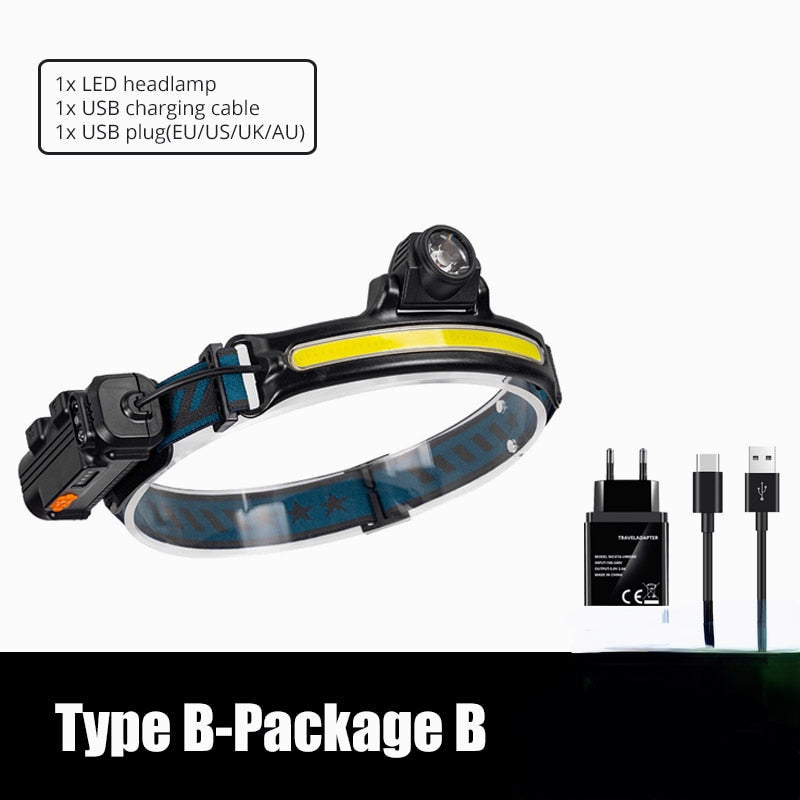 IR Sensor LED Headlamp Powerful XPG+COB Headlight 2000mAh 18650 USB Head Lamp Portable Floodlight Flashlight Waterproof Lantern