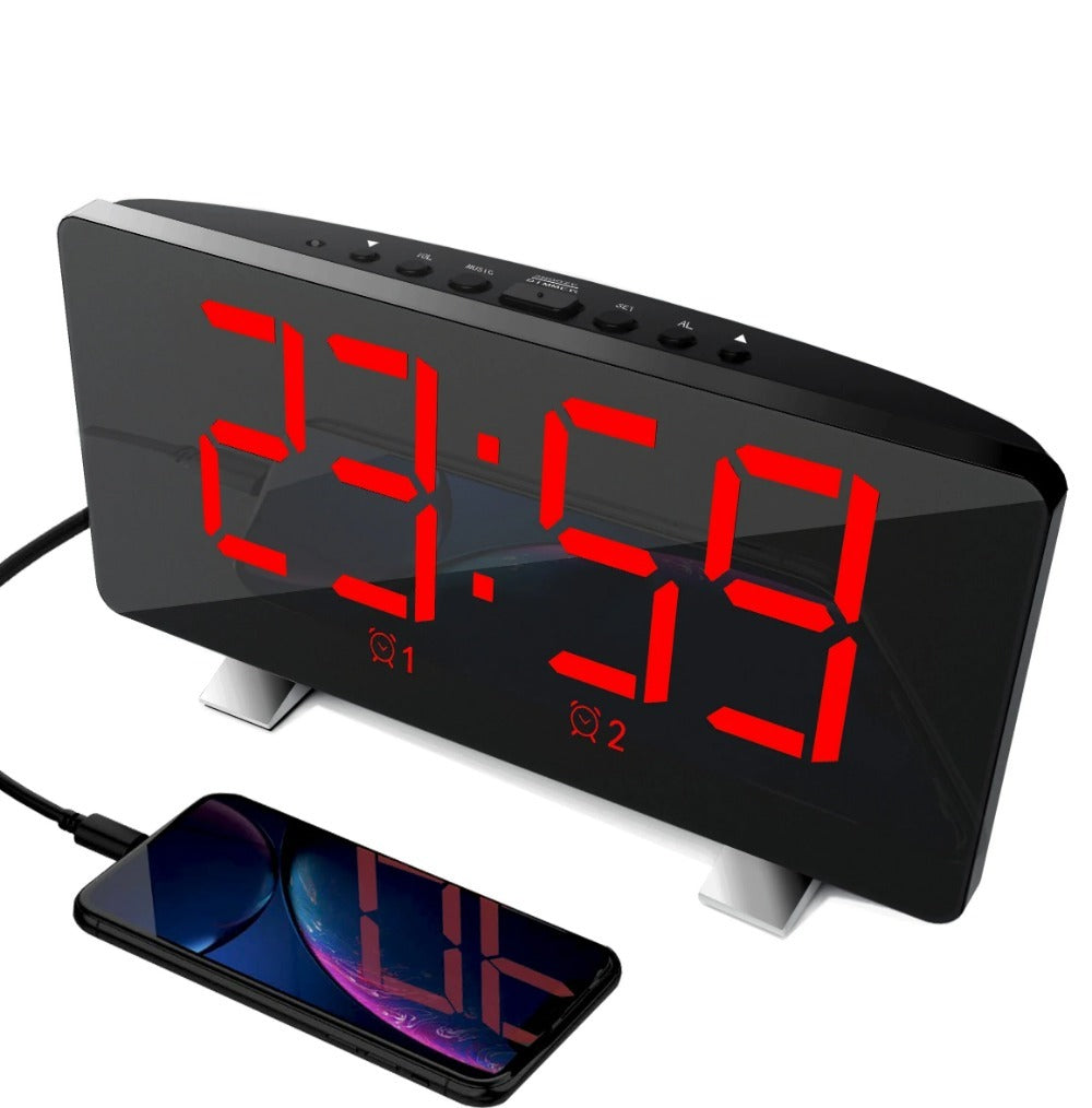 LED Digital Alarm Clock with Mirror, USB Charging, Adjustable Brightness, 10 Music Options, and Memory Function