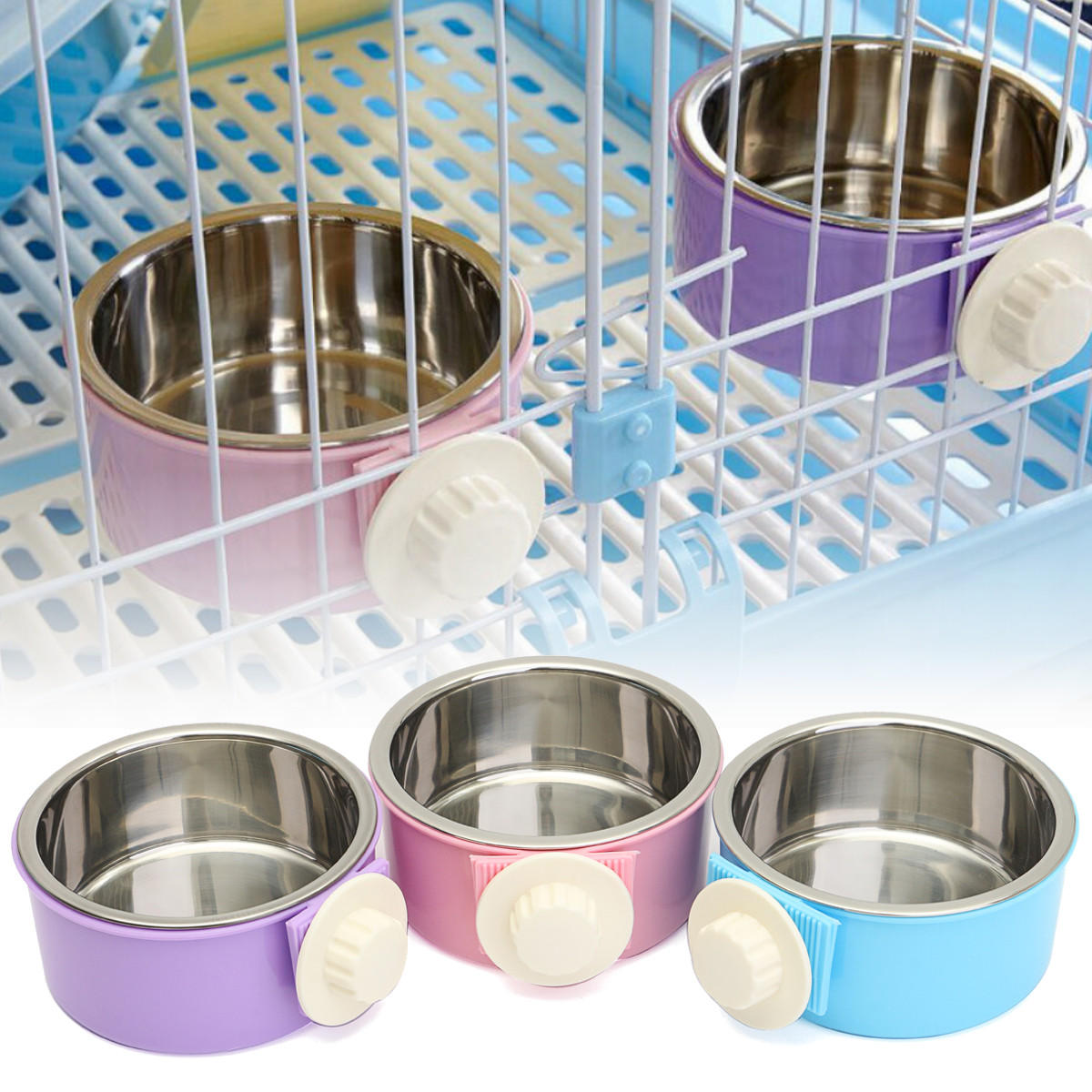 Stainless Steel Dog Cat Bird Puppy Pet Hanging Cage Bowl Feeding Water Food