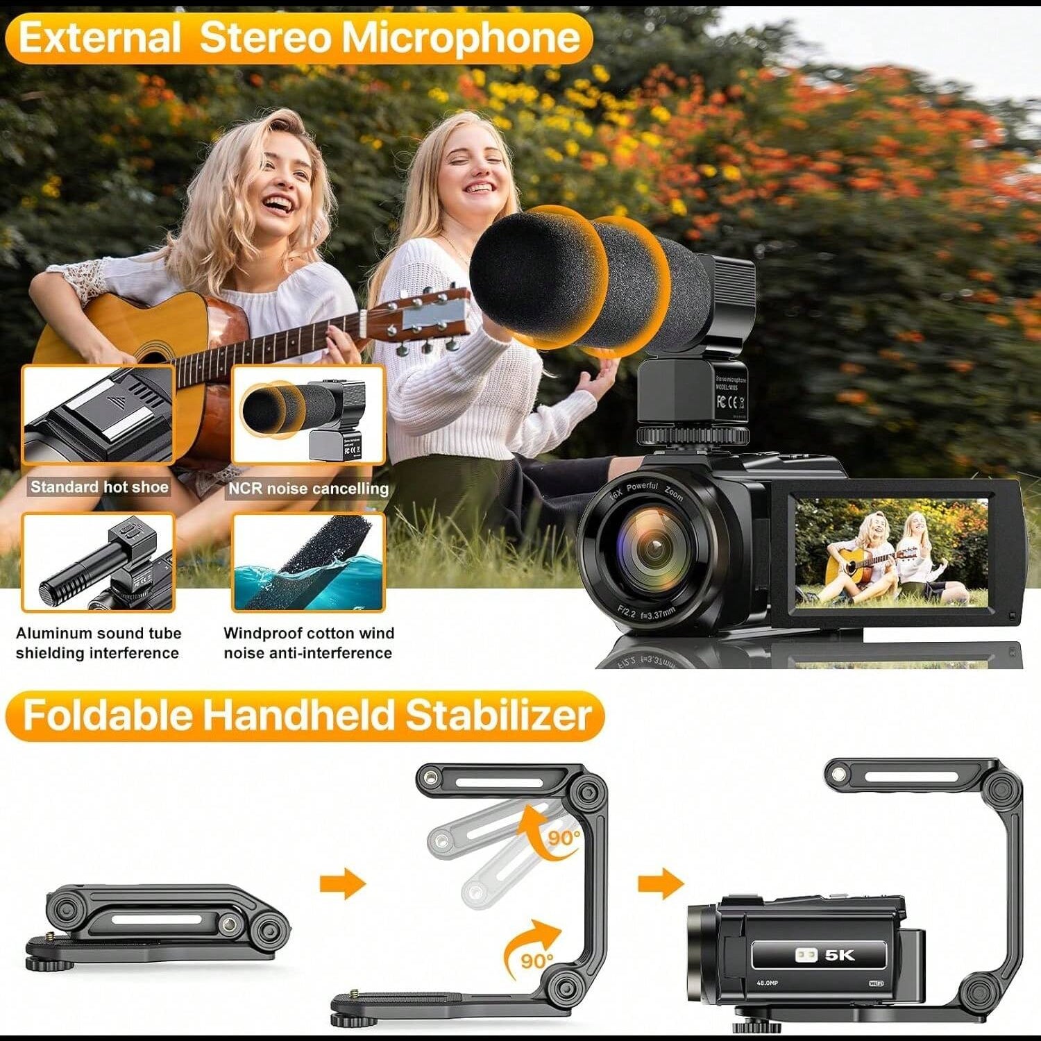 5K HD Digital Camera, 3.0-Inch Touch Screen, 48MP, 16x Zoom, WIFI, Stabilization, Remote Control, 2000mAh Battery, Microphone, Bracket