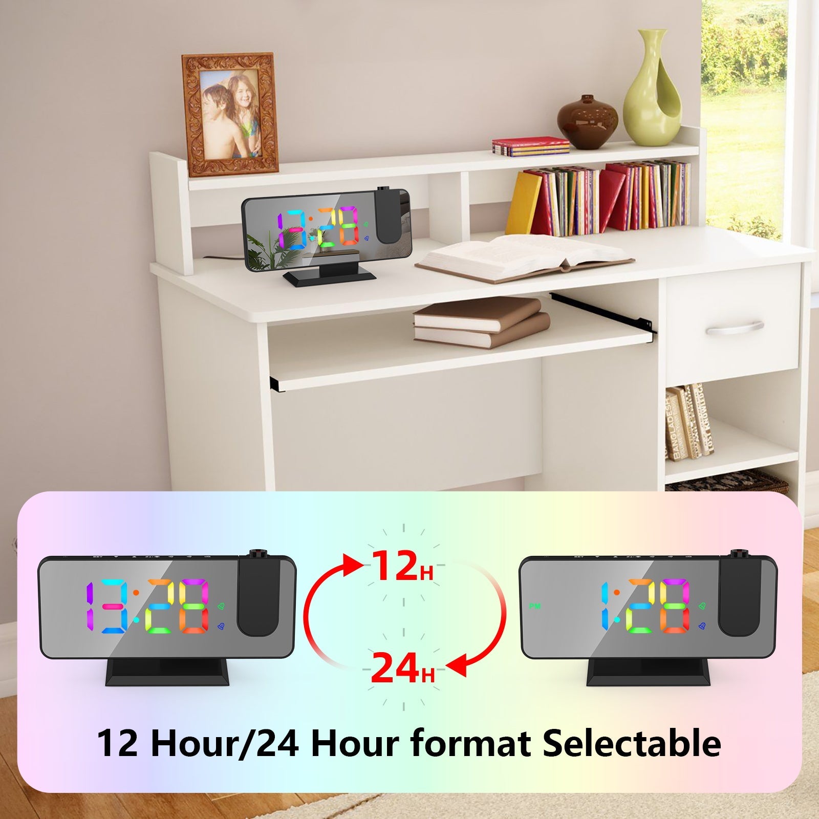 RGB LED Projection Alarm Clock: 180° Projector, 11 Colors, Mirror Surface, USB Charger, Adjustable Brightness - Bedroom/Living Room