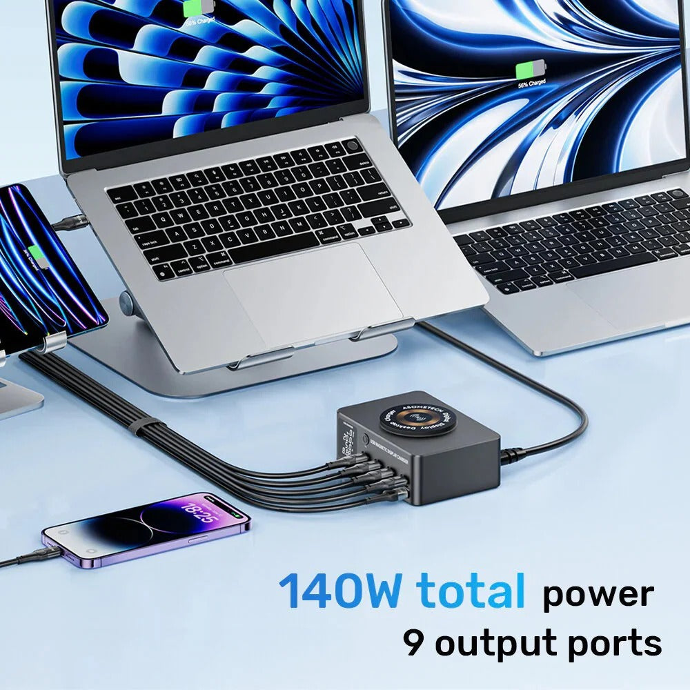 140W 8-Port USB PD Charger with Wireless Pad, Fast Charging for iPhone, Samsung, Hui, Xiaomi