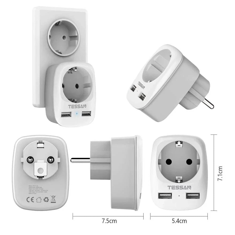 EU 3-in-1 4000W Wall Socket Extender with AC Outlet & 2 USB Ports, Overload Protection