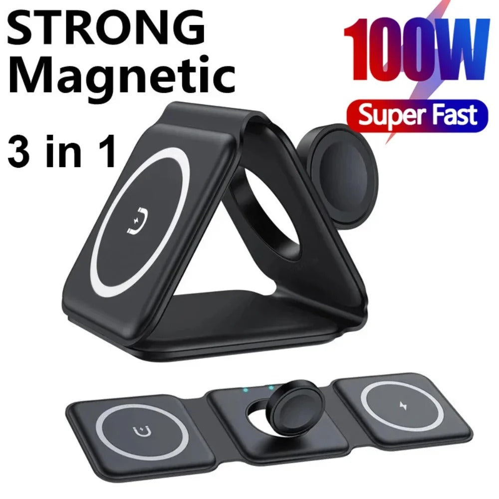 Fordable 100W 3-in-1 Magnetic Wireless Charger for iPhone, AirPods, iWatch