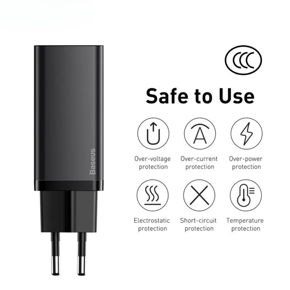 GaN2 65W 2-Port USB PD Charger Fast Charging Adapter EU Plug for iPhone, Hui, Xiaomi, Samsung