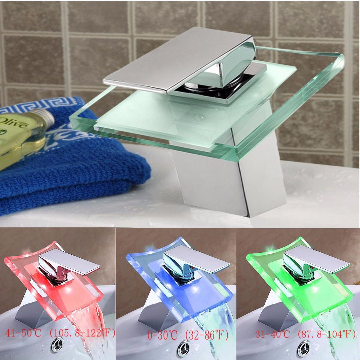 LED Color Changing Waterfall Faucet Bathroom Sink Glass Basin Bathtub Mixer Tap