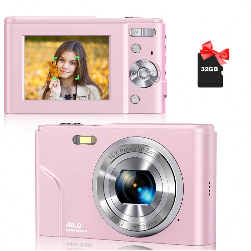 Auto Focus Digital Camera, FHD 1080P/48MP, 32GB Card, 16X Zoom, Portable for Beginners