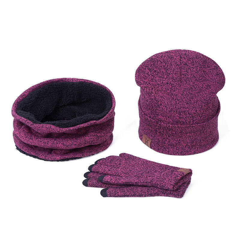 3 Pieces Set Winter Ski Warm And Gloves Cotton Unisex Hat Scarf Gloves Solid  For Men Women
