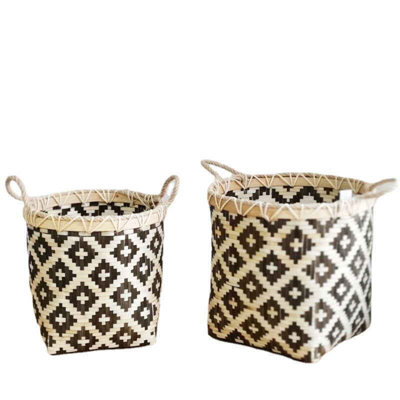 Large Capacity Storage Baskets Woven Bamboo Storage Bucket Handle Flower Pot Vase Toy Holder Household Organizer