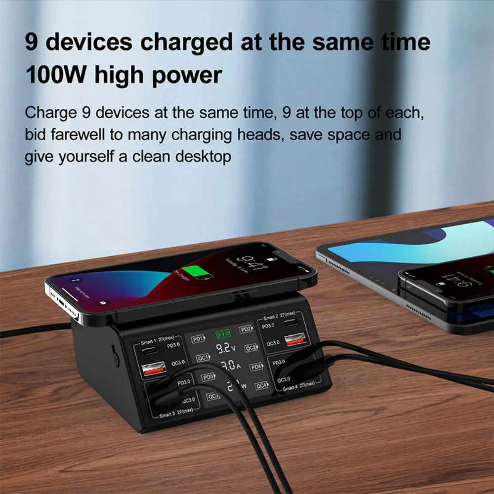 100W 8-Port USB PD Charger, Fast Charging Station with Wireless Pad for iPhone, Samsung, Oppo, Redmi