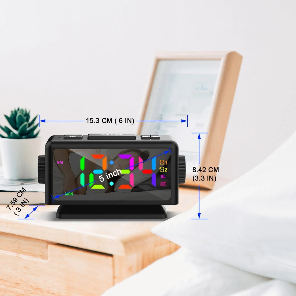 RGB Digital Alarm Clock with FM Radio, Dual Alarms, Snooze, Dynamic Display, 12/24H, Date, USB Charging - Ideal for Home & Office