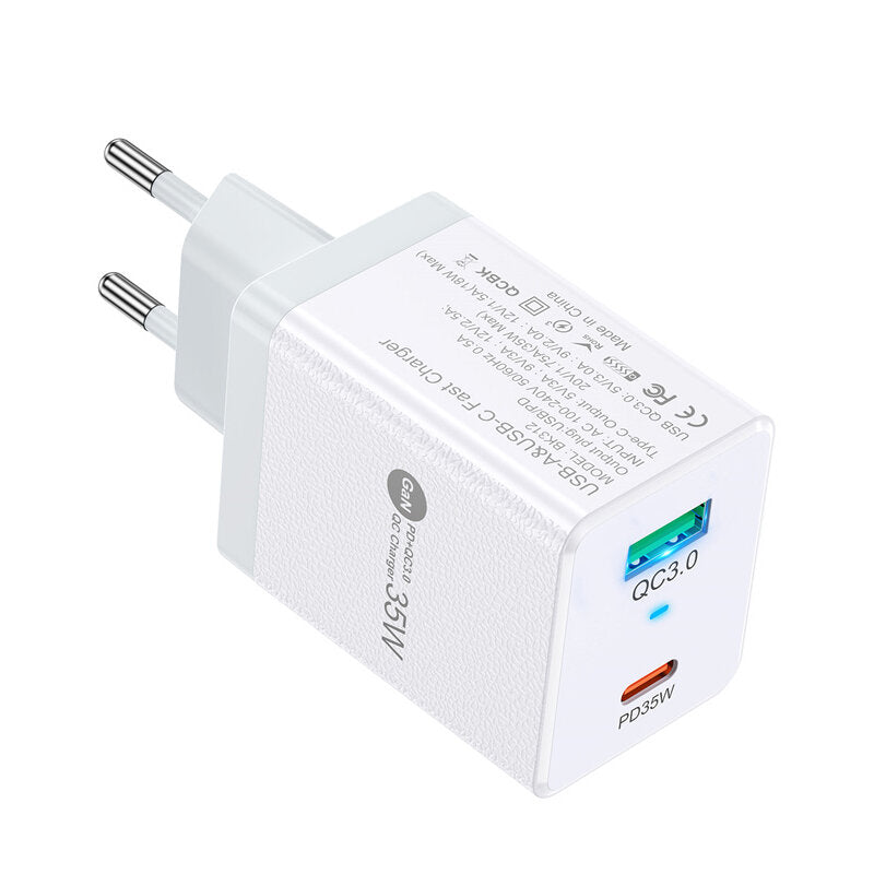 35W GaN USB PD Charger, 2-Port USB-A/USB-C, Fast Charging, EU Plug for iPhone, Xiaomi, Hui, Samsung