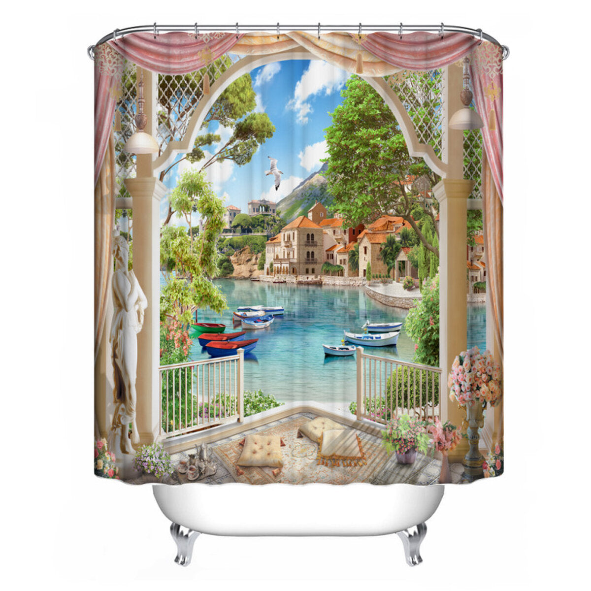 1/3Pcs Bathroom Shower Curtain Mediterranean Sea Printing Set Toilet Cover Mat