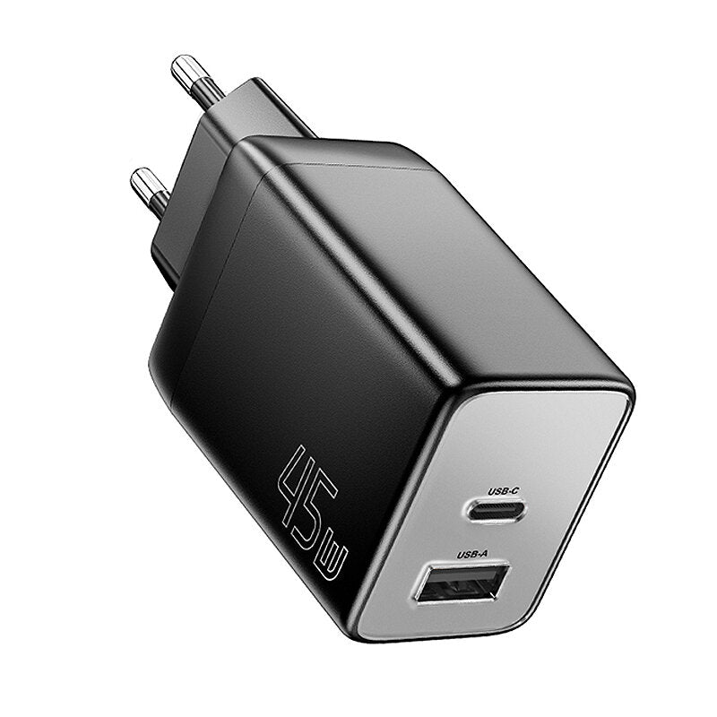 45W GaN USB PD Charger, 2-Port USB-A/USB-C, Fast Charging, EU Plug for iPhone, Samsung