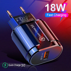 18W USB-A QC3.0 Fast Charger EU/US Plug for iPhone, Hui, Samsung, Xiaomi