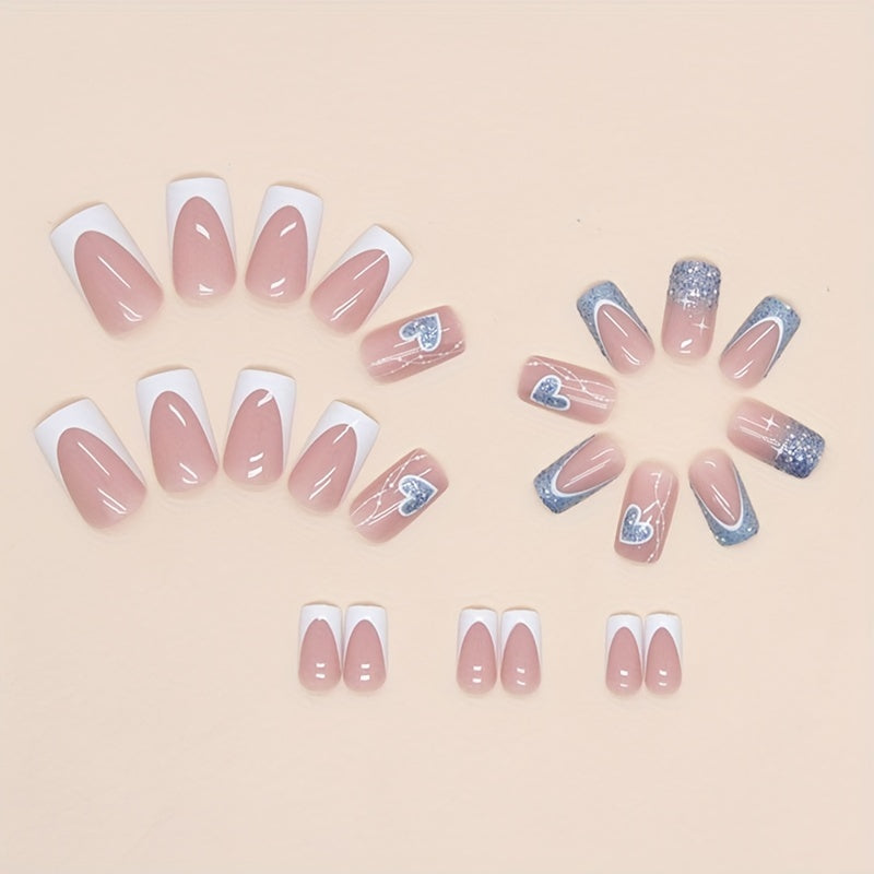 24pcs White French Tip Press-On Nails with Blue Glitter Hearts & Sequins - Short Square, Glossy Finish - Includes Nail File & Glue Stickers