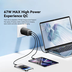 67W GaN 3-Port USB PD Charger: 2USB-C+USB-A Fast Charging Adapter for iPhone, Xiaomi, Hui, Samsung