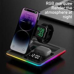 5-in-1 15W RGB Wireless Charger with Alarm Clock for iPhone, Xiaomi, Hui, AirPods, Apple Watch