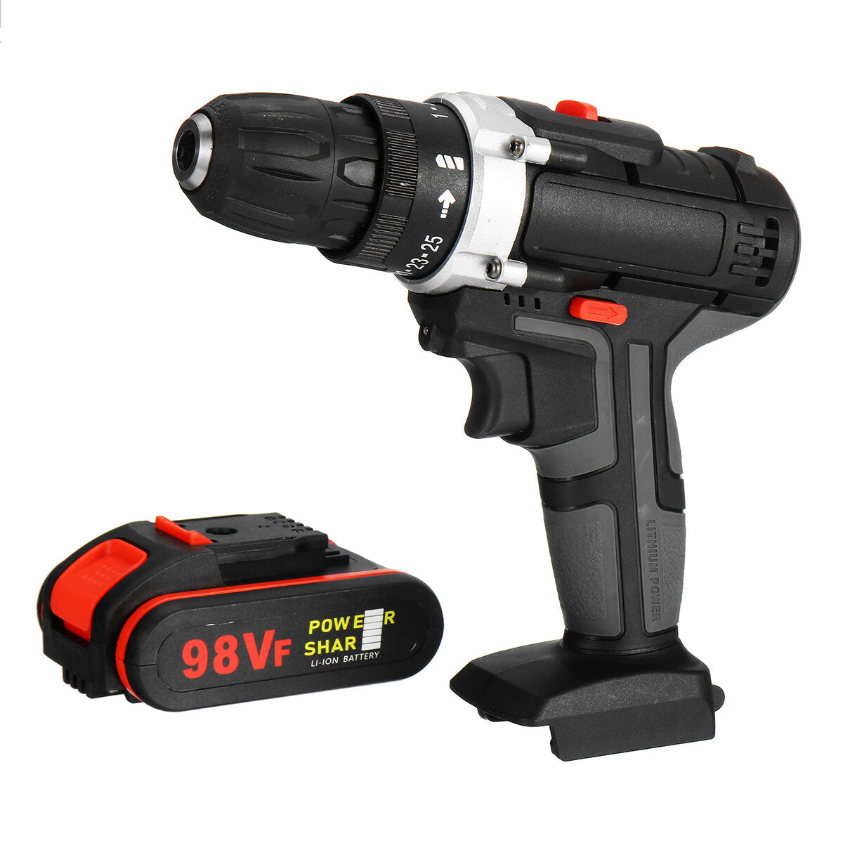 98VF Rechargeable Electric Cordless Impact Drill Screwdriver 25+1 Torque LED