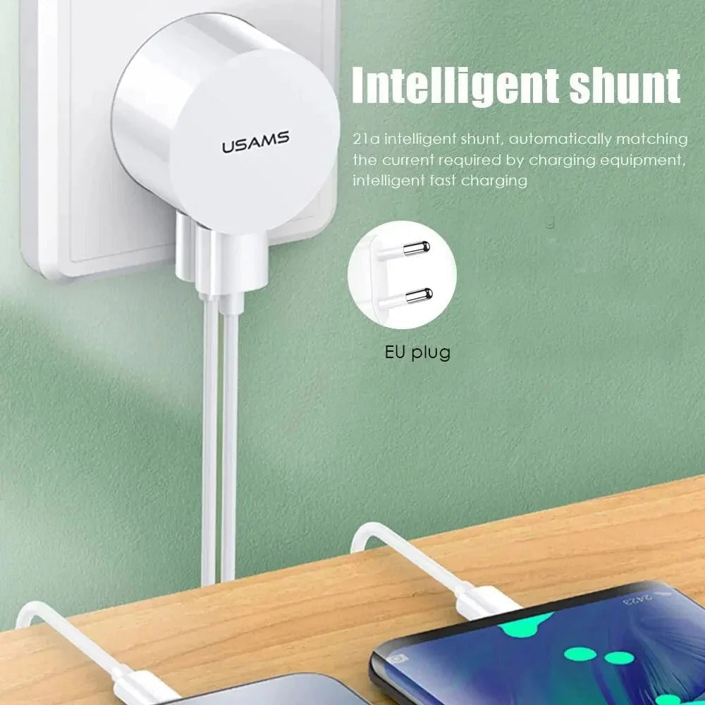 Dual USB-A Fast Charger 5V 2.1A EU Plug for iPhone 15 14 13 Xiaomi Hui Mate60 Pro