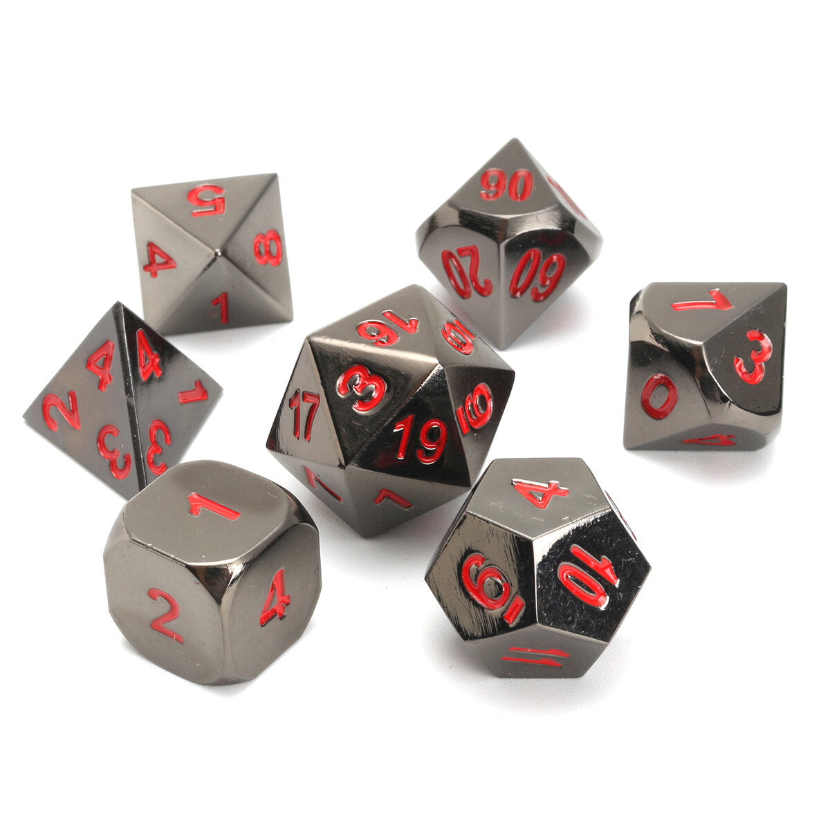 Metal Polyhedral Dice with Bag Green Red 7 Piece Metal Set DnD RPG