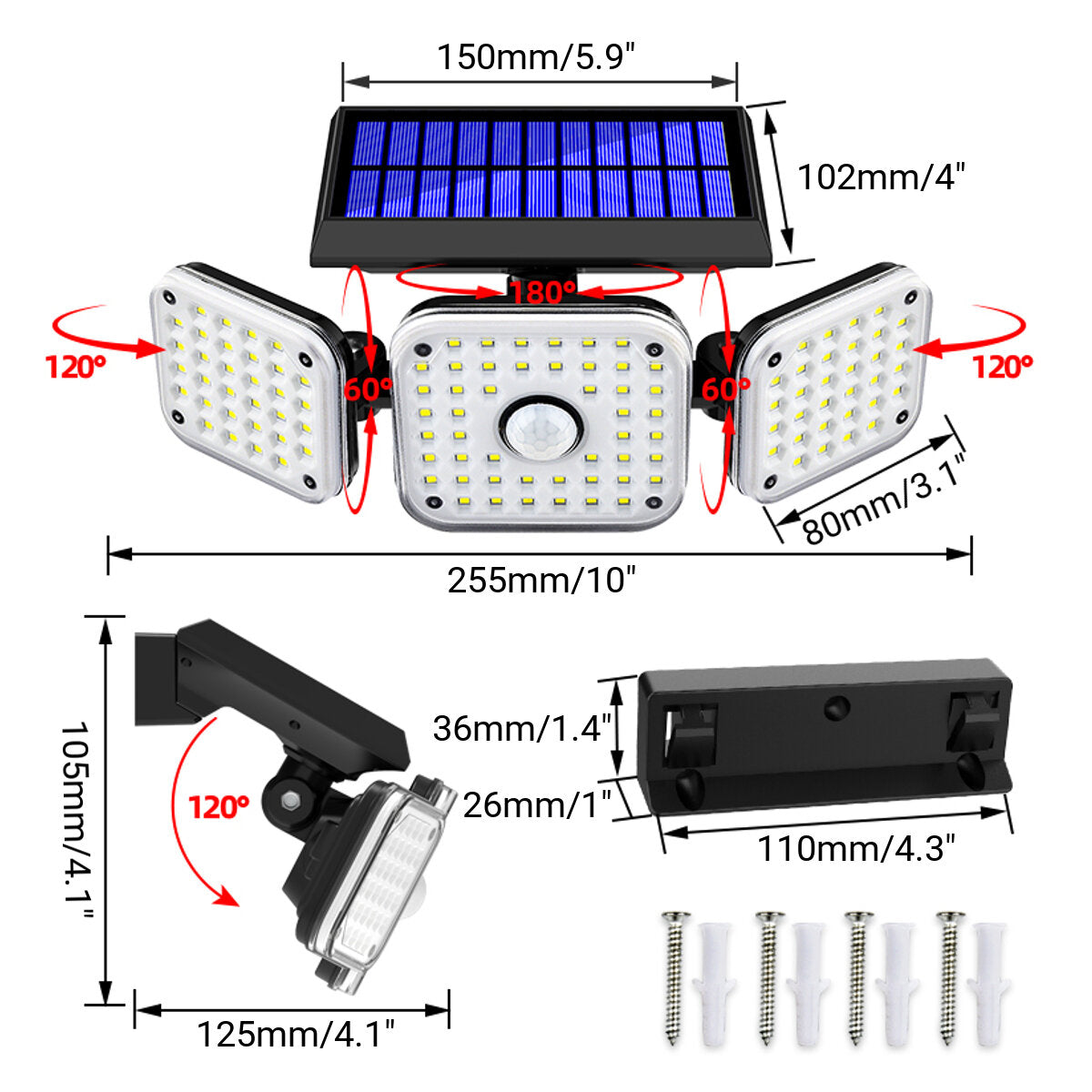 112LED/138LED/132COB Solar Motion Sensor Lights Security Wall Lamp Floodlight 3-Head