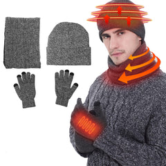 3 IN 1 Winter Beanie Hat Knitted Scarf Set Cap+Touch Screen Ski Thick Gloves